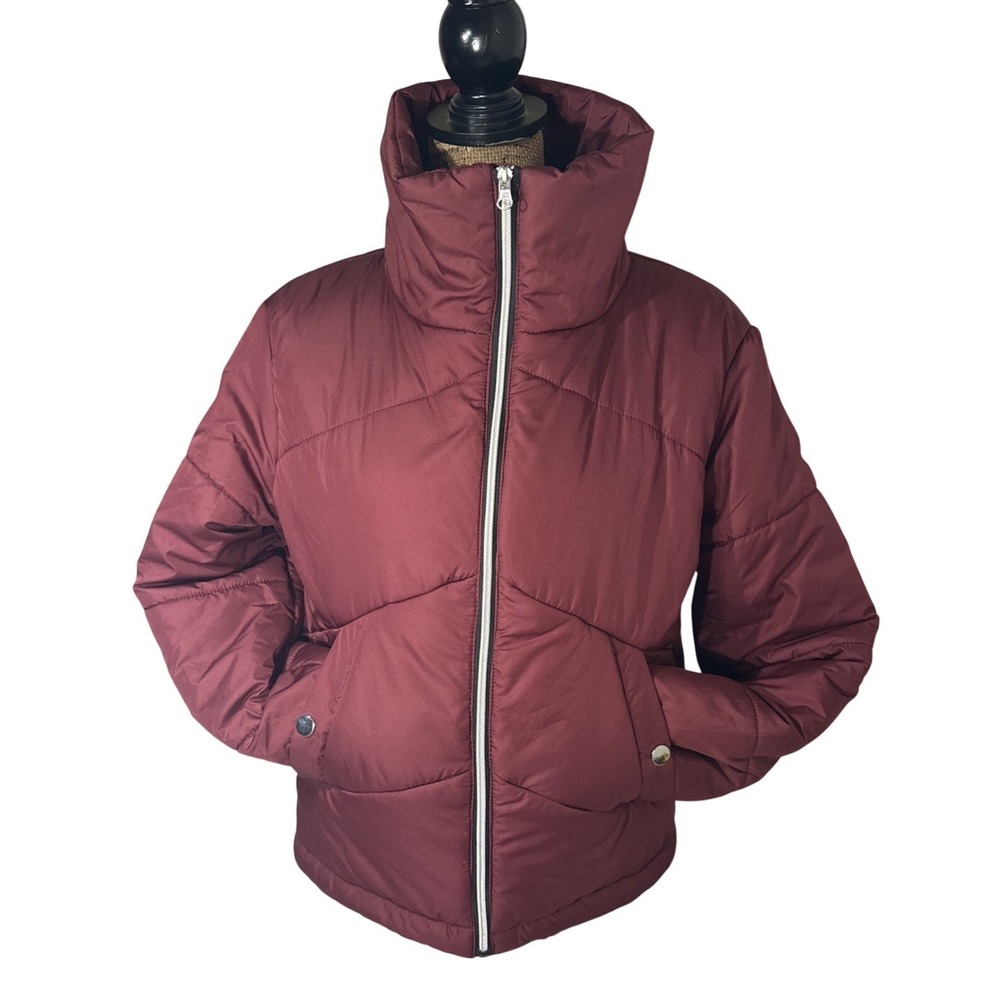 Me Jane Burgundy Puffer Jacket Women's M‎ Snap Pocket Drawstring Winter Coat